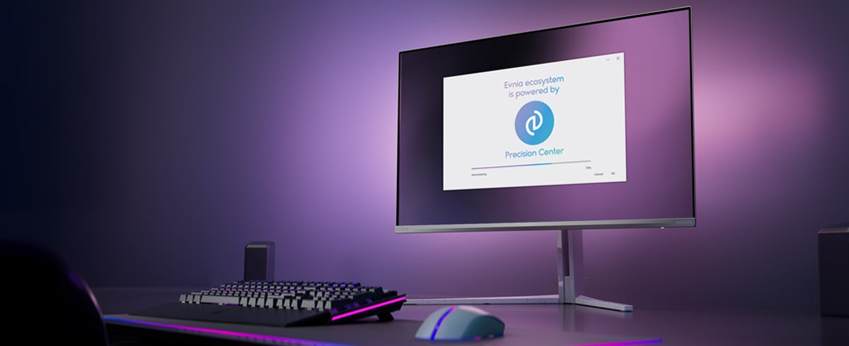 A Philips Evnia monitor beállítva a Precision Center számára