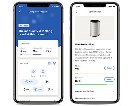 Philips Air+ alkalmazás levegőminőség képernyője látható telefonképernyőkön