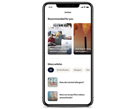 A Philips Air+ alkalmazás képernyője cikk ajánlásokkal