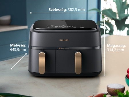 Philips Dupla kosár a pulton, a méretei leírásával: szélesség: 38,25 cm, mélység: 31,42 cm, magasság: 44,39 cm.